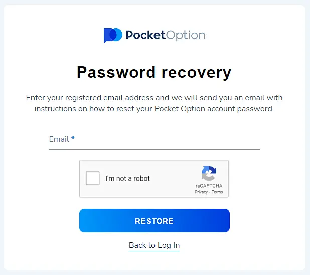 Recuperação de senha no Pocket Option